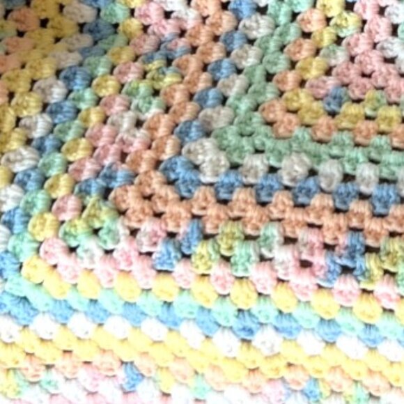 Handmade Pastel Rainbow Crocheted Baby Blanket / Lap Throw – 31"x33" - Picture 8 of 10